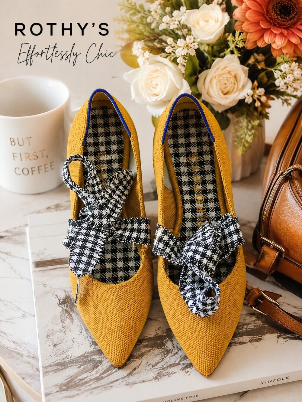 Rothy's Mustard Pointed-Toe Flats with Black-and-White Houndstooth Bow